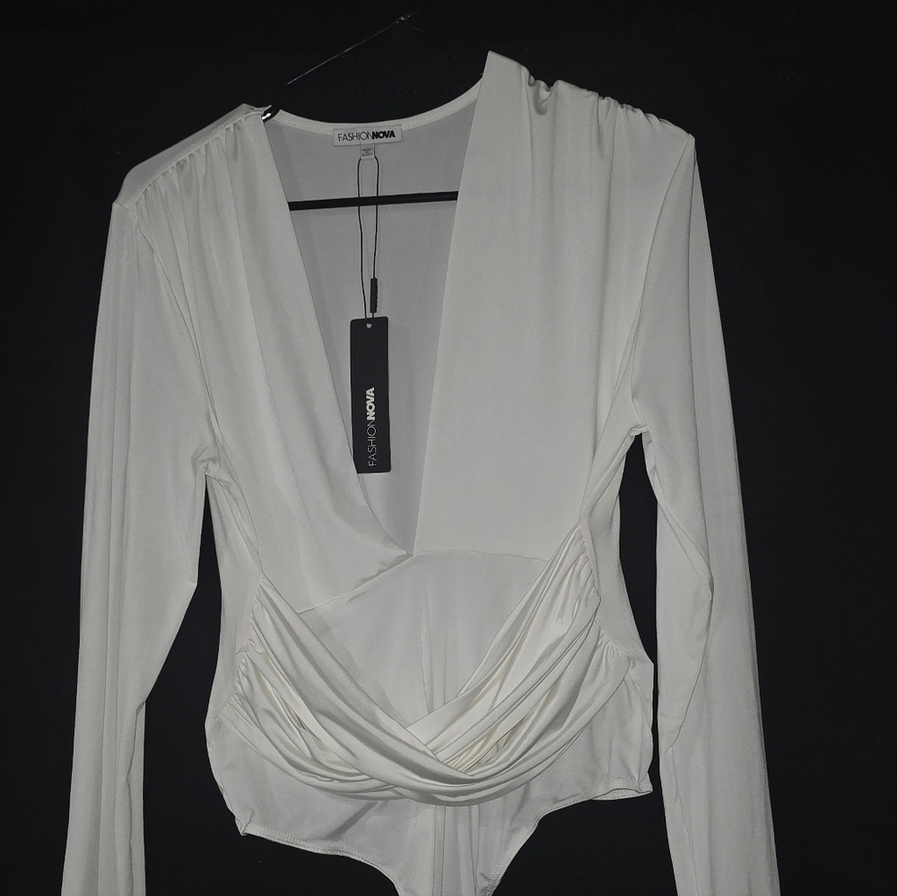 Fashion Nova White Draped V-Neck Long Sleeve Bodysuit